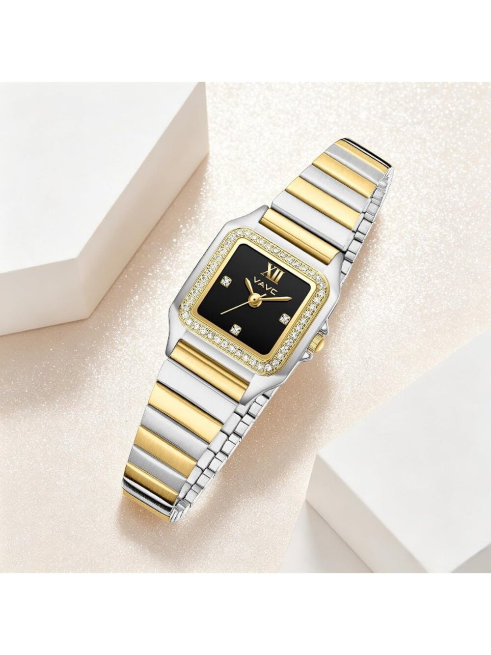 Women's Black-Tow tone Diamond with Rectangular Case Minimalist Dial Wrist Watch - Picture 6 of 7